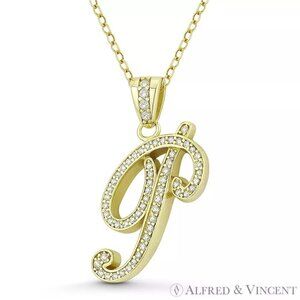 Initial Letter "P" Cursive Script CZ Crystal Pendant in .925 Sterling Silver YG